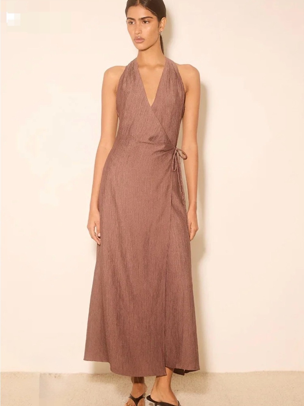 Mon Renn | NWT Rae Cacao Sleeveless Satin Crinkle Wrap Maxi Dress Resort Wear L